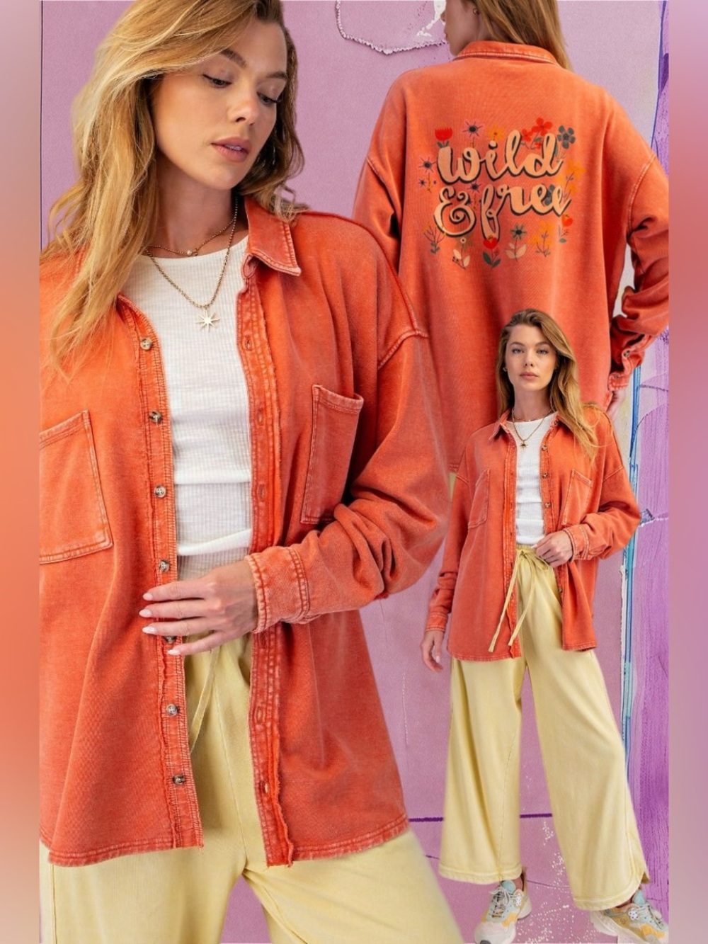 Easel | Wild & Free Mineral Sun Washed Shacket Orange Bohemian Hippie New Large